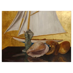 Still Life with Sailboat, Statue, Sea Shell, Propeller, Gold Leaf, Oil on Panel
