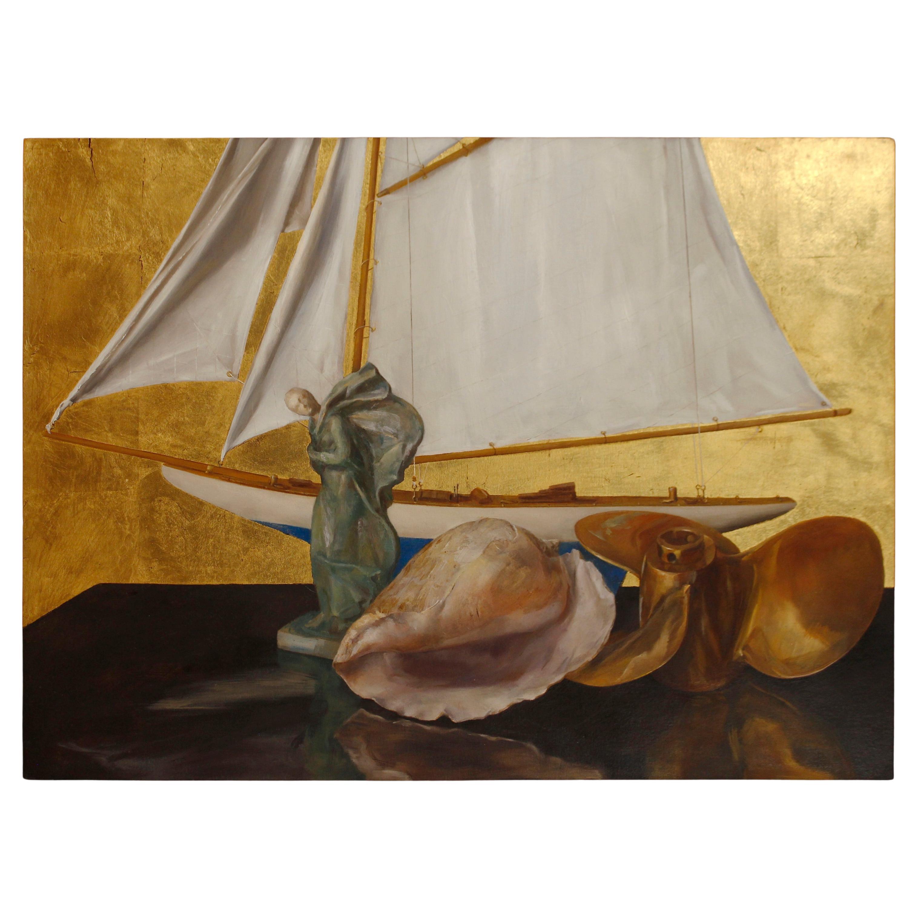 Stillleben mit Segelboot, Statue, Muschelschale, Propeller, Blattgold, Öl auf Tafel (Moderne) im Angebot