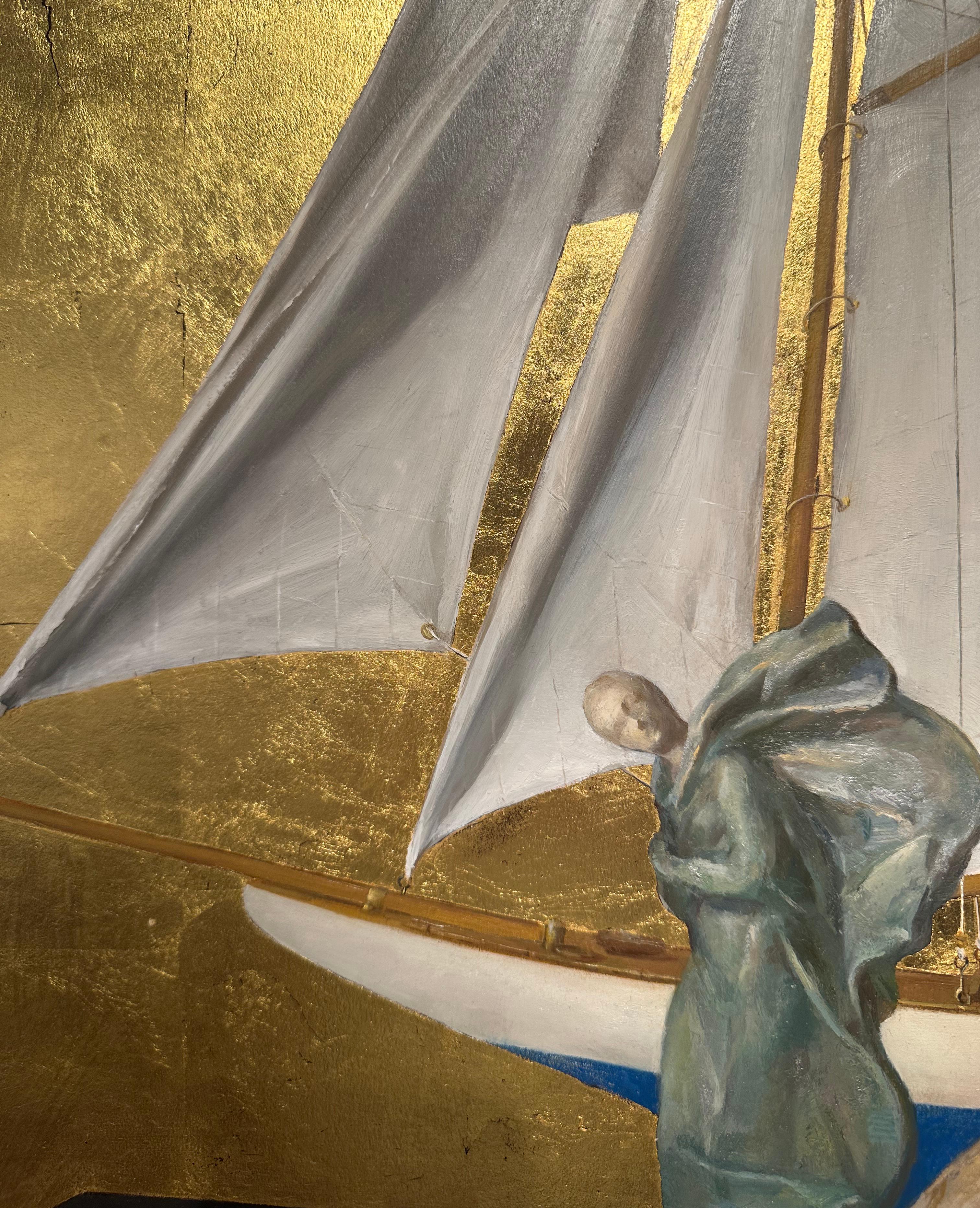 Stillleben mit Segelboot, Statue, Muschelschale, Propeller, Blattgold, Öl auf Tafel (amerikanisch) im Angebot