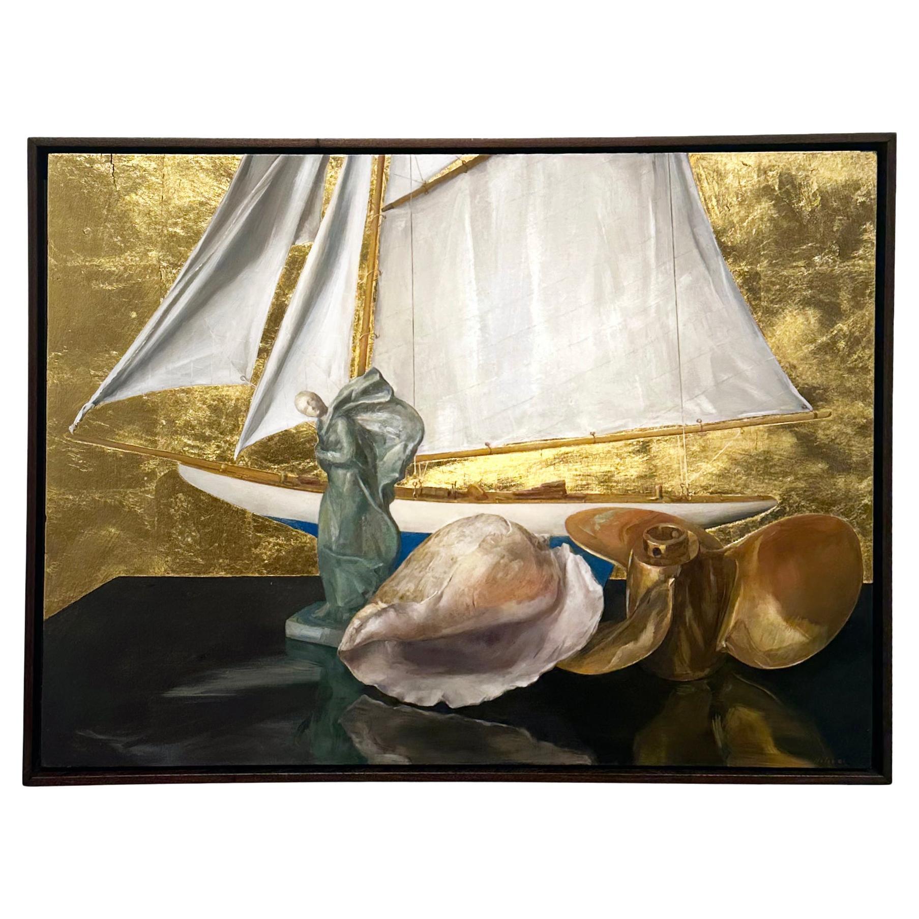 Bodegón con velero, estatua, concha marina, hélice, pan de oro, óleo sobre tabla