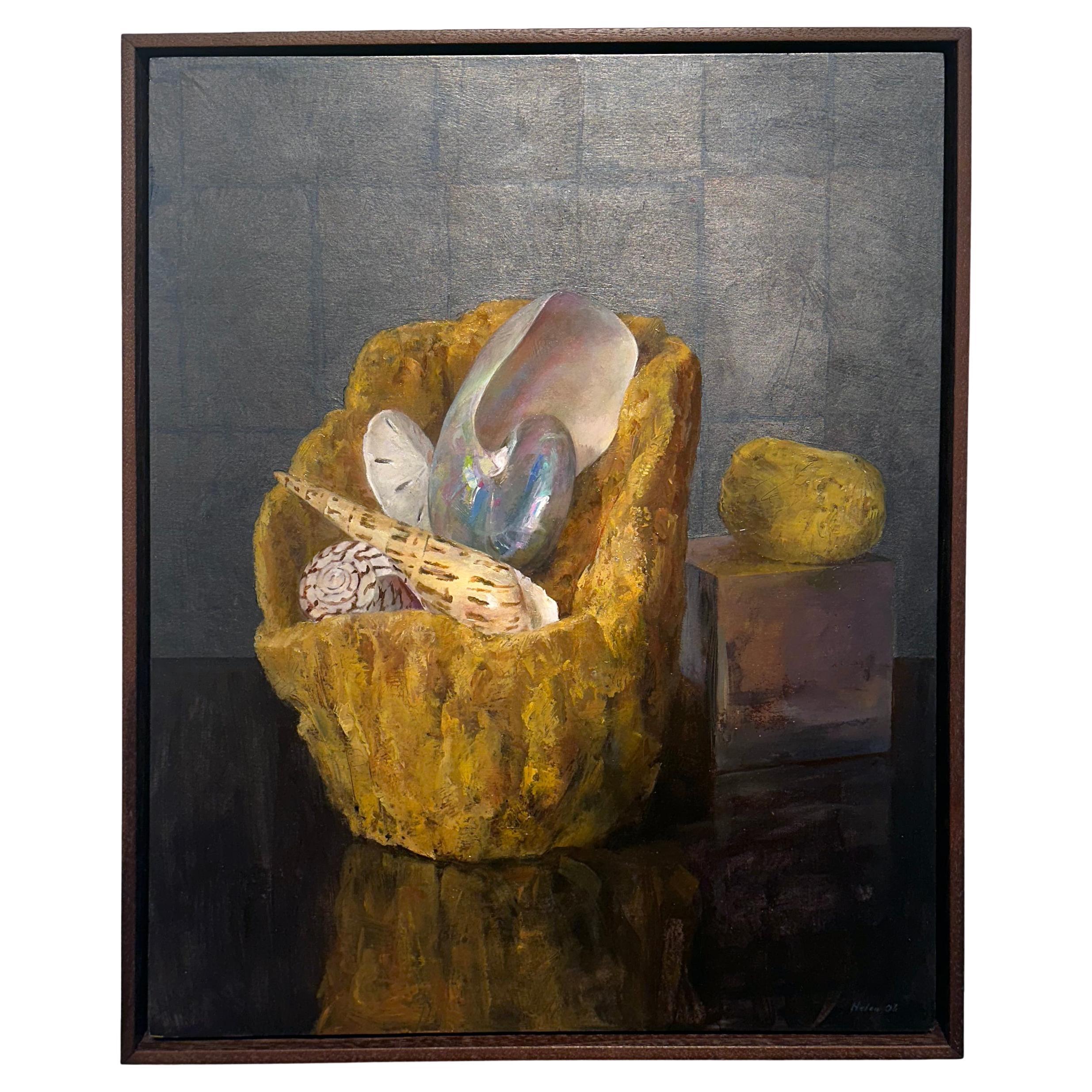 Bodegón con esponjas de mar, óleo original sobre tabla con pan de plata, enmarcado