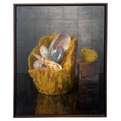 Stillleben mit See Sponges, Original Ölgemälde auf Tafel mit Blattsilber, gerahmt
