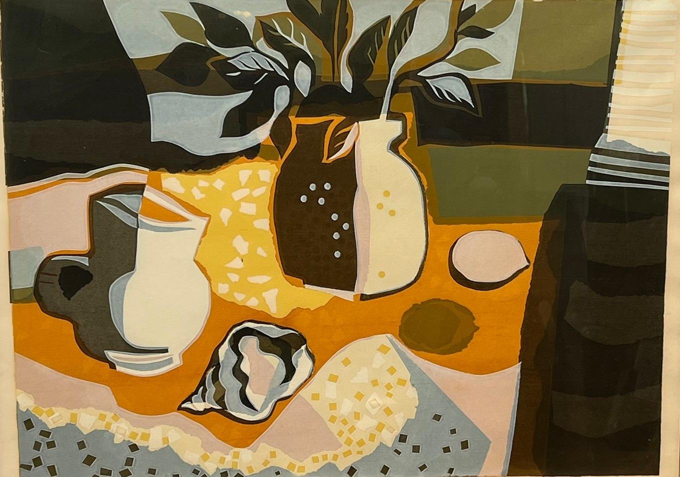 A signed lithograph by artist Bob Click. This was #8 of 33 made.
It sits in its original patinated gold frame.
The title says it all, a still life with shell, accompanied with a flowers vase and drink pitcher on a table. From what I gathered online,