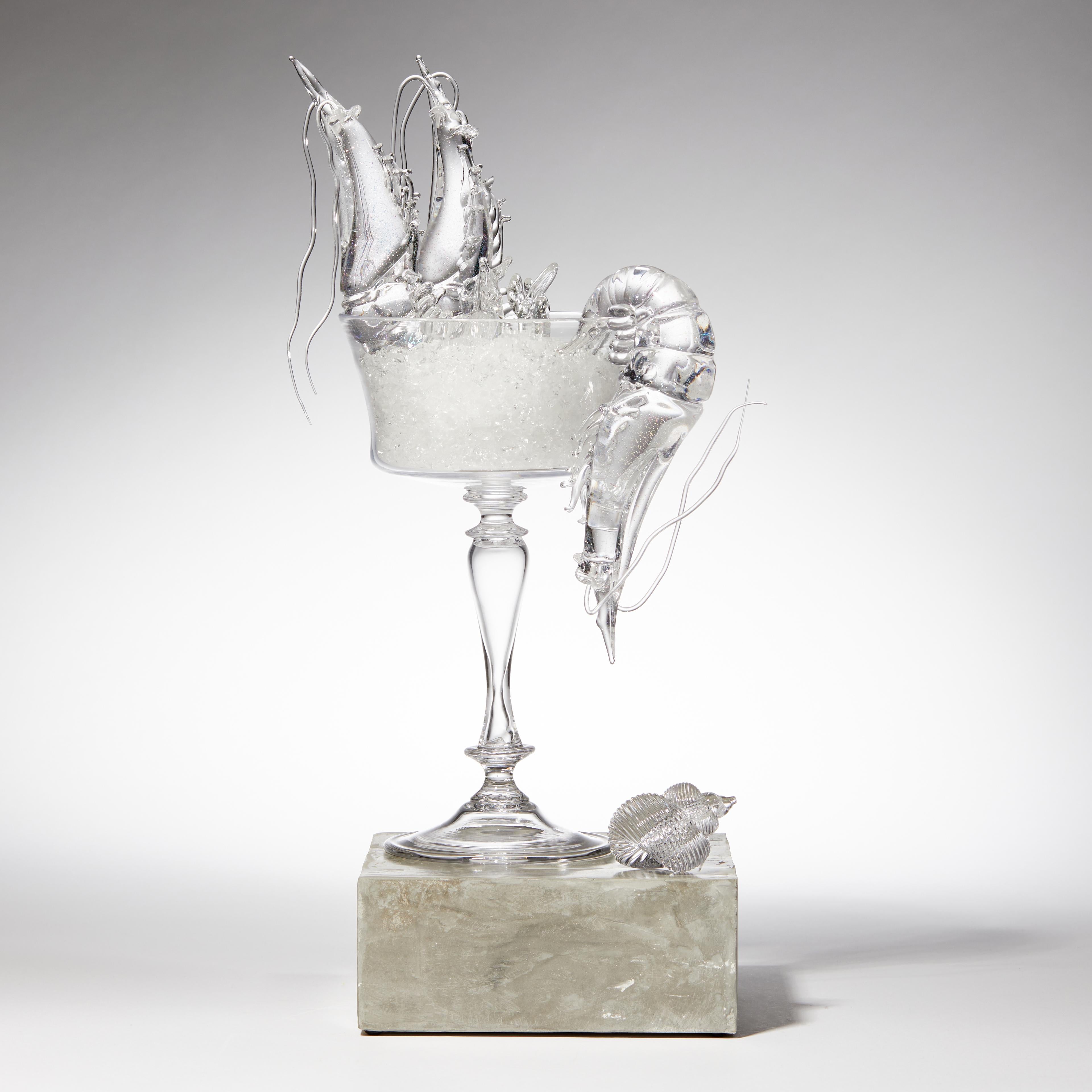 Still life with shrimp, is one of the British artist Elliot Walker's ongoing body of unique still life artworks. Freehand sculpted in clear glass with iridescent detail, the piece incorporates an elegant goblet filled with prawns and crushed ice