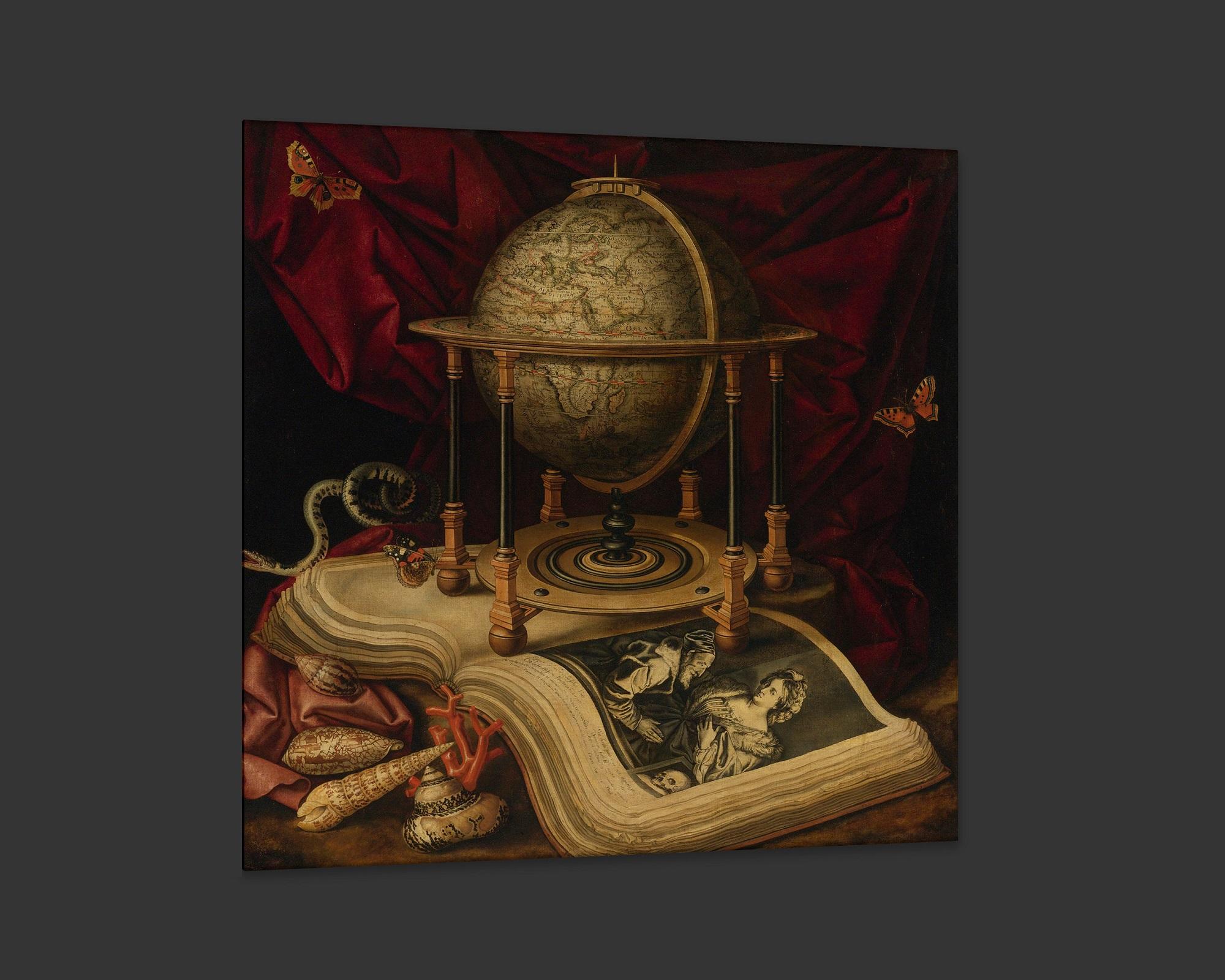 Dutch Still Life with Terrestrial Globe, after Baroque Oil Painting by Carstian Luyckx For Sale