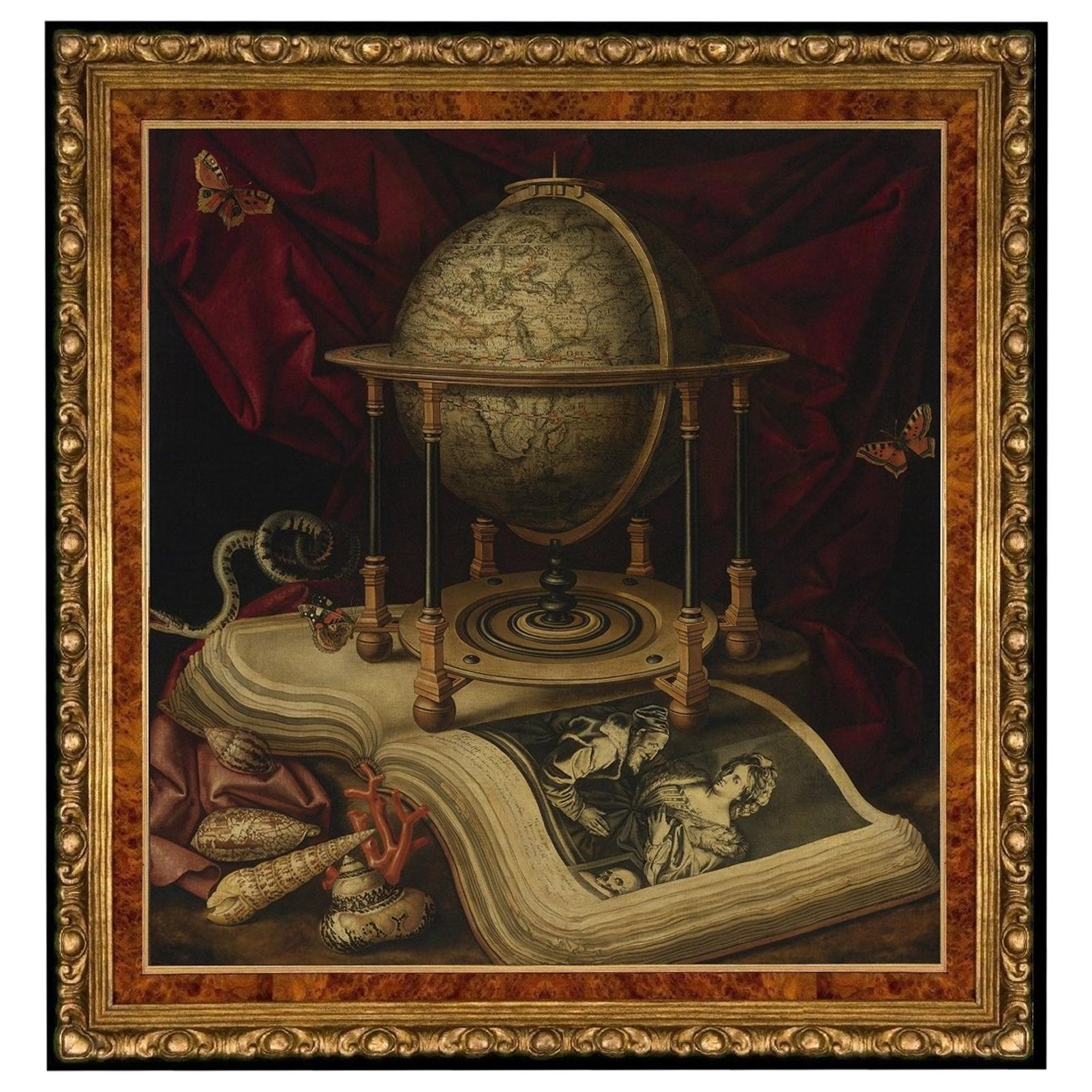 Still Life with Terrestrial Globe, after Baroque Oil Painting by Carstian Luyckx For Sale