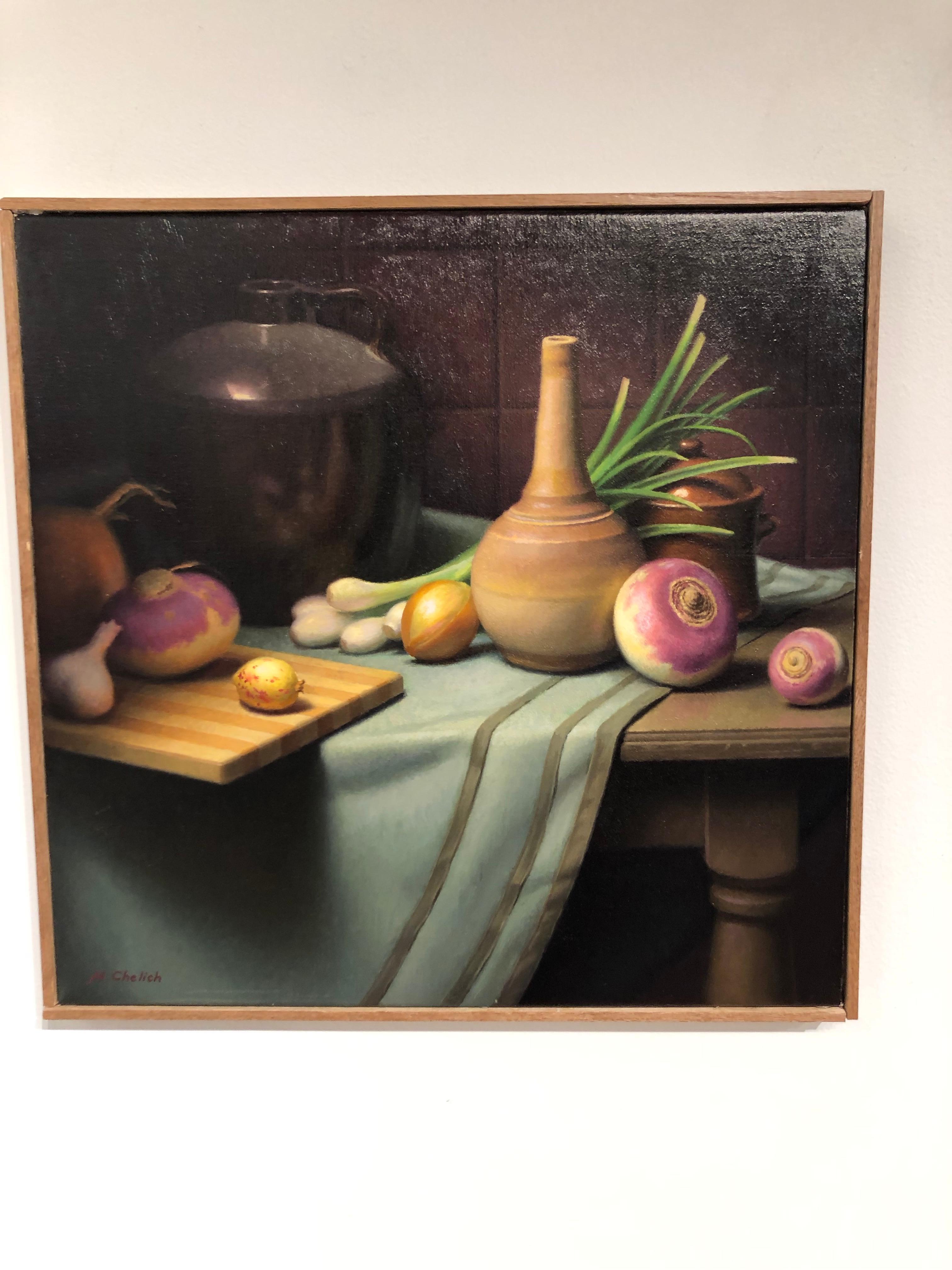 This original oil painting on canvas captures a unique collection of objects including an arrangement of onions, turnips, garlic, ceramic vessels, and lush fabrics.

Michael Chelich
Still life with Turnips
oil on canvas
Measures: 18.50 H x 18W