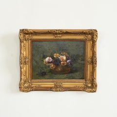 Still Life with Violets Oil on Panel in Ornate Gilt Frame 1880s