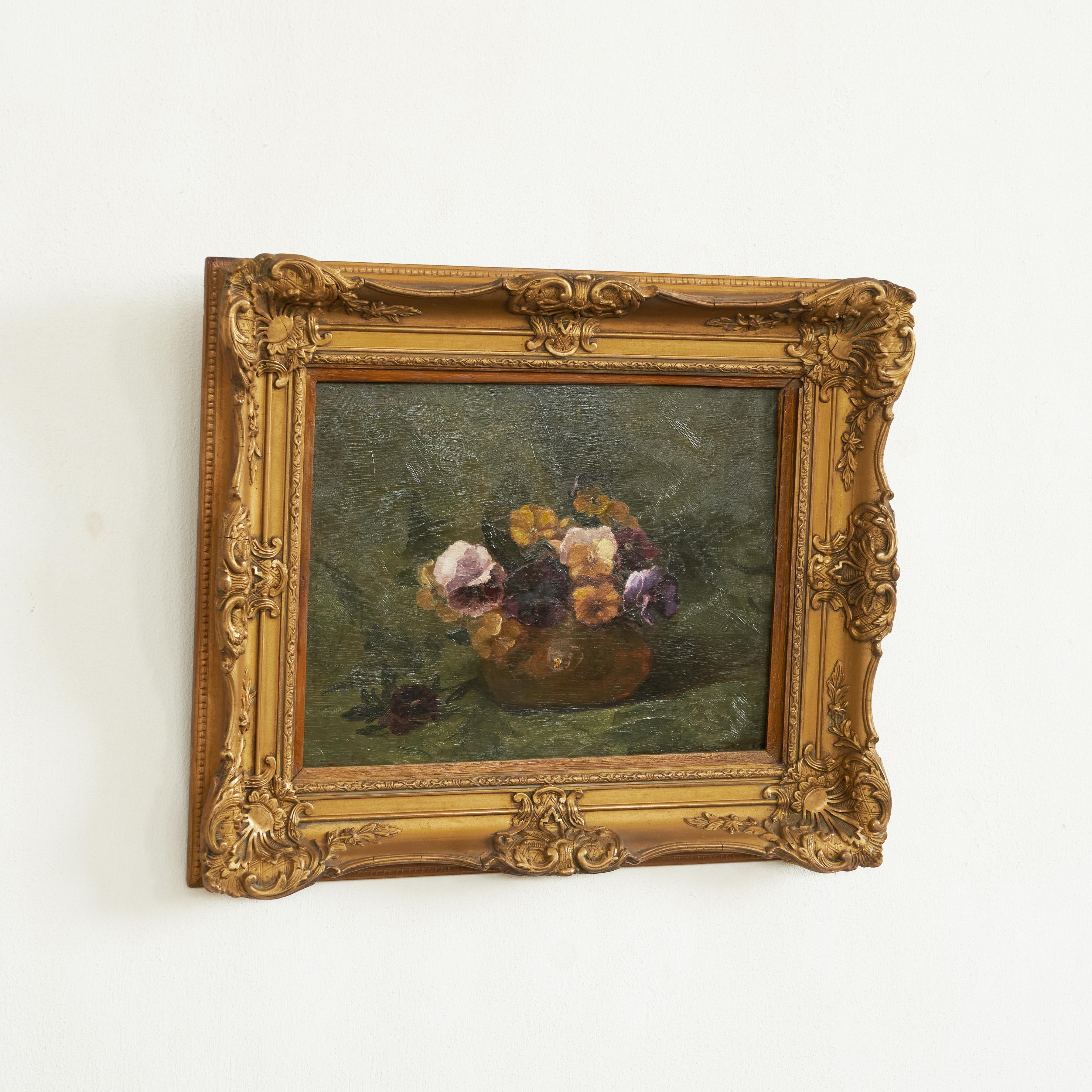 Stillleben mit Violett, Öl auf Tafel, in verschnörkeltem vergoldetem Rahmen, 1880er Jahre (Unbekannt) im Angebot
