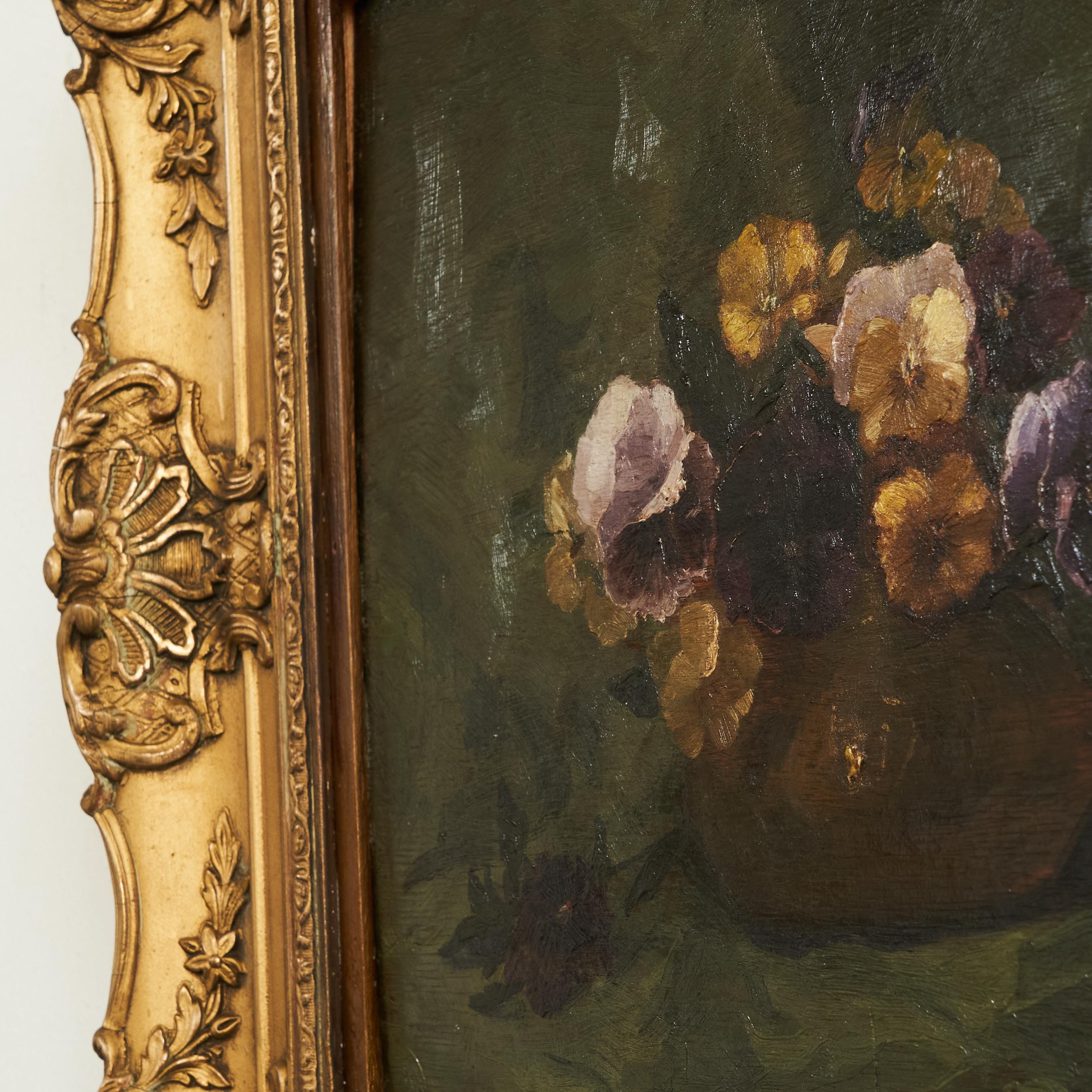 Paint Still Life with Violets Oil on Panel in Ornate Gilt Frame 1880s For Sale