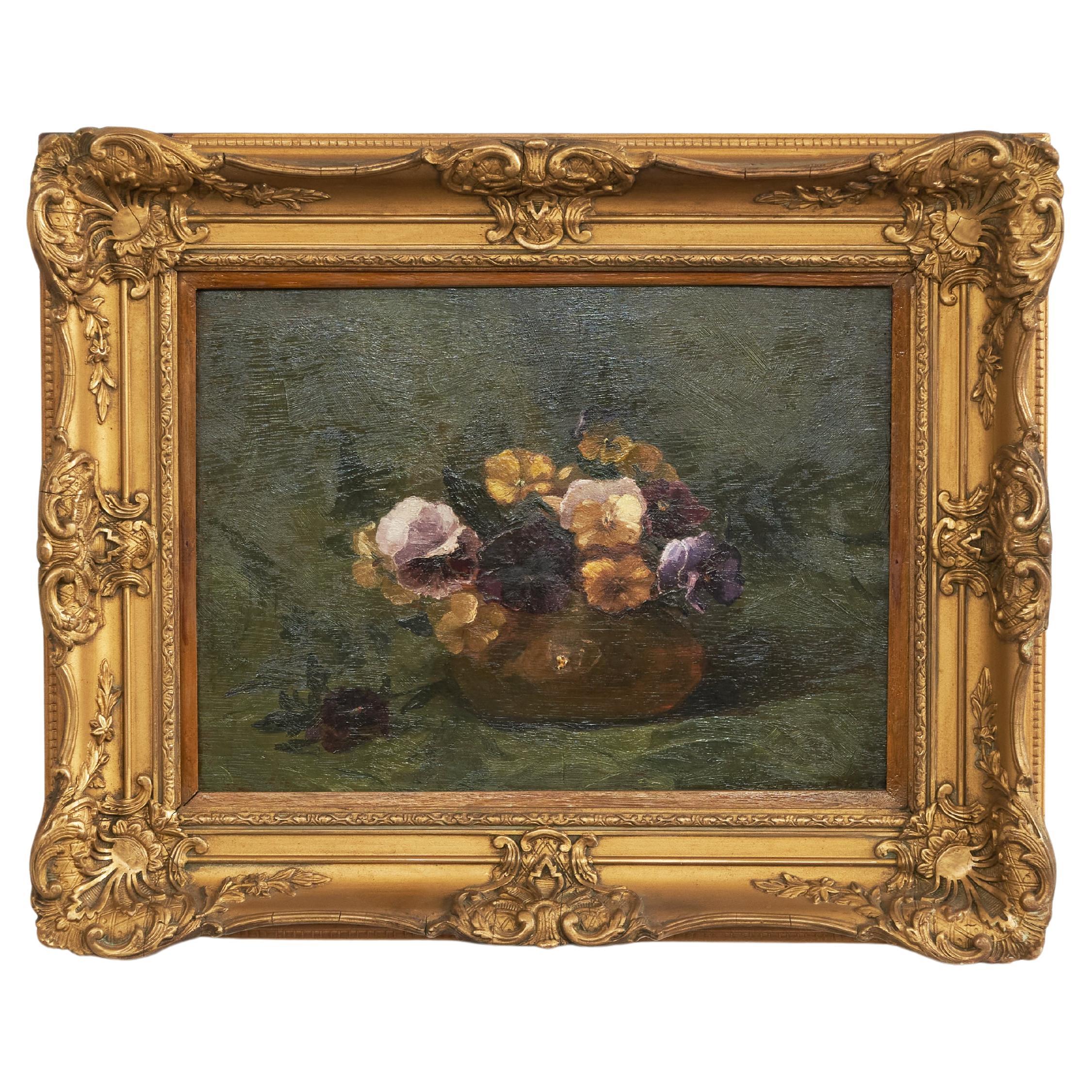 Stillleben mit Violett, Öl auf Tafel, in verschnörkeltem vergoldetem Rahmen, 1880er Jahre