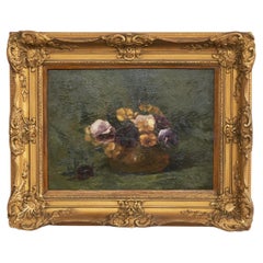 Antique Still Life with Violets Oil on Panel in Ornate Gilt Frame 1880s