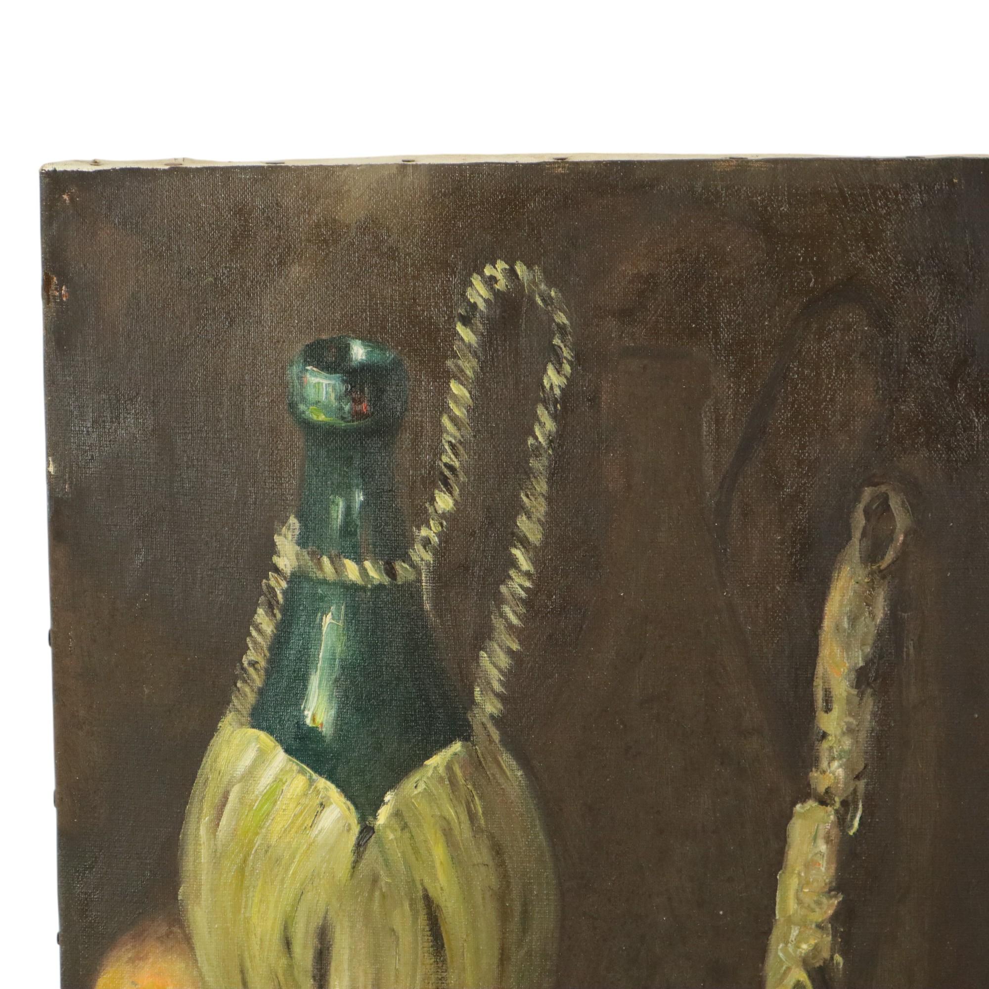Still life with wine and fruit, amateur painting, oil on canvas, signed lower left, undated but probably circa mid 20th century.

This painting is in good vintage condition according to age, no damage, check the photos for more details!

Dimensions: