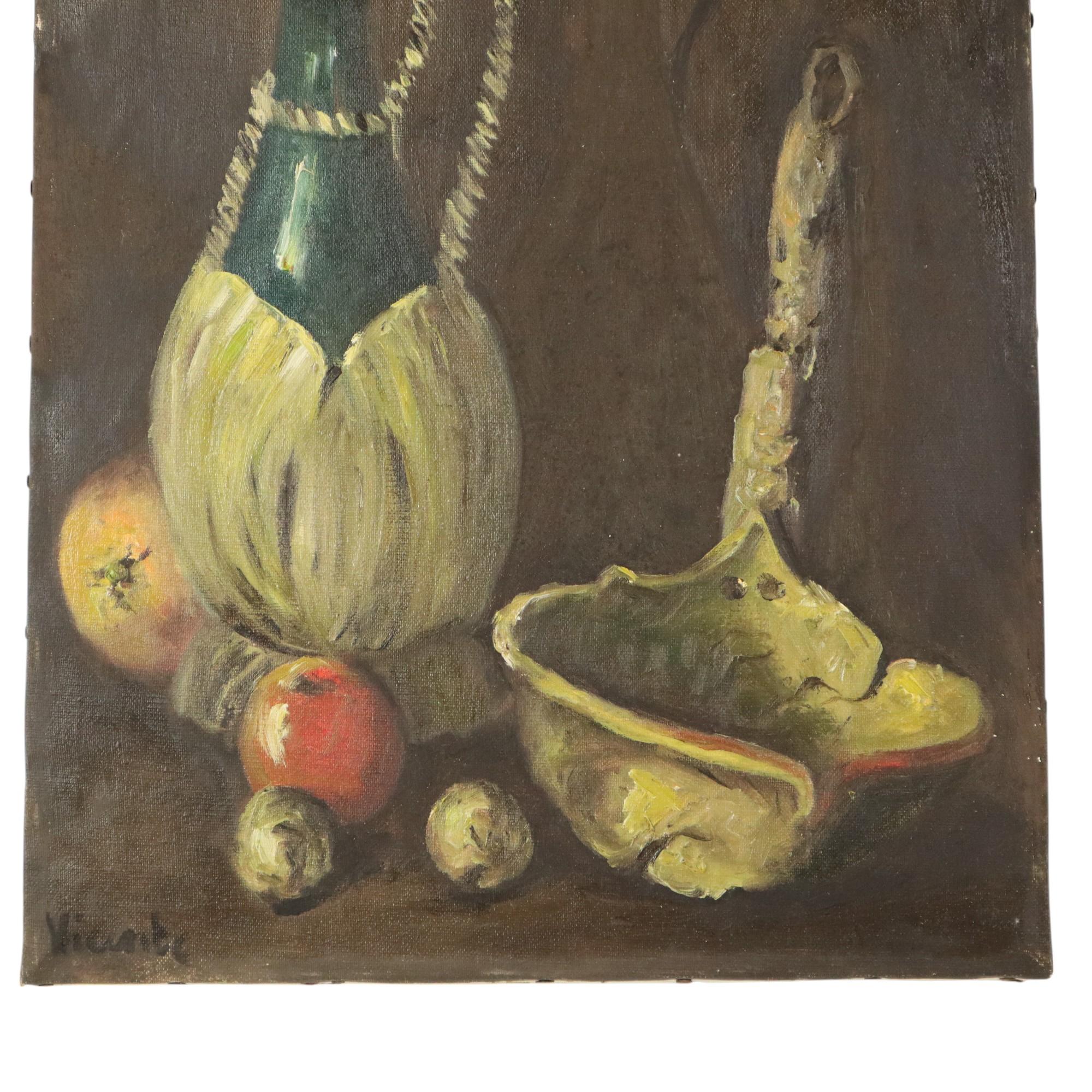 Hand-Painted Still Life with Wine and Fruit Painting Oil on Canvas Signed For Sale