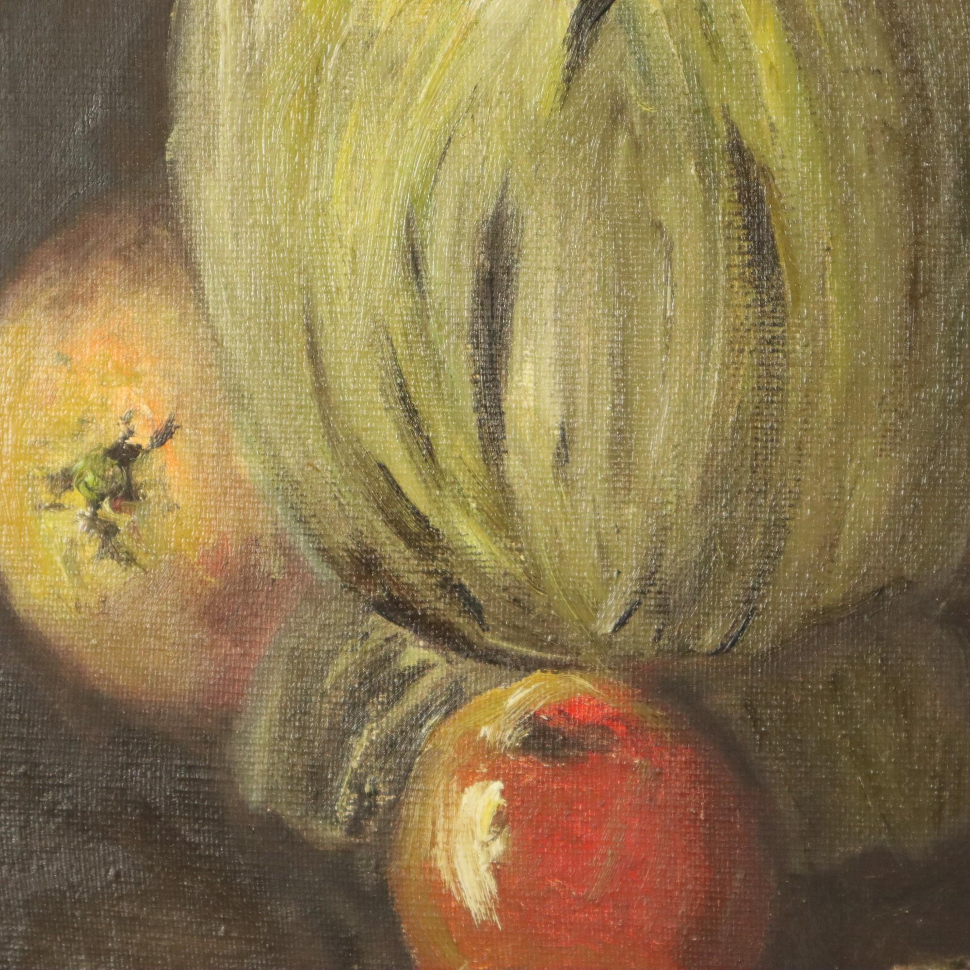 20th Century Still Life with Wine and Fruit Painting Oil on Canvas Signed For Sale