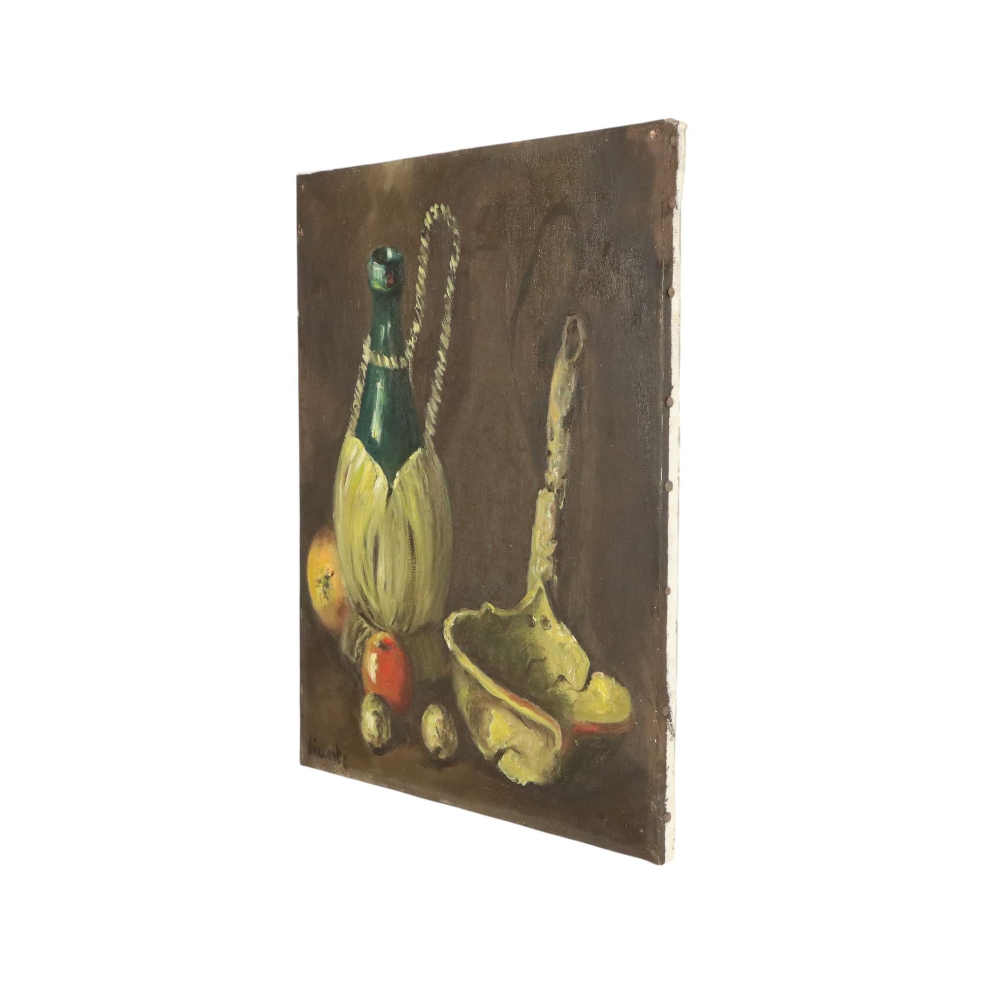 Still Life with Wine and Fruit Painting Oil on Canvas Signed For Sale 1