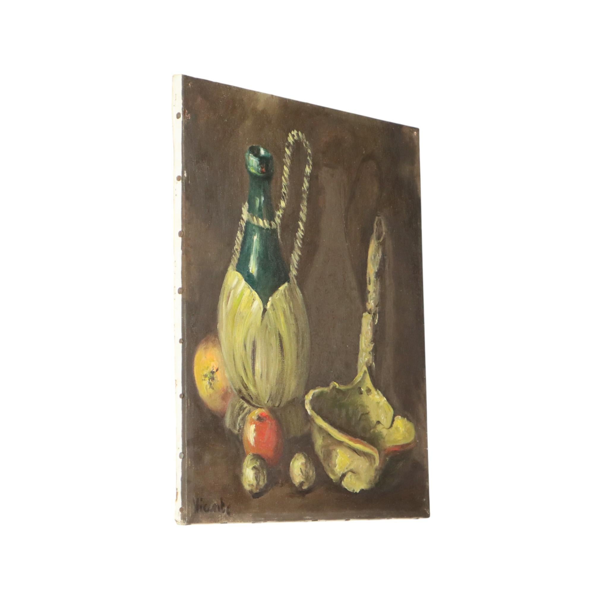 Still Life with Wine and Fruit Painting Oil on Canvas Signed For Sale 3