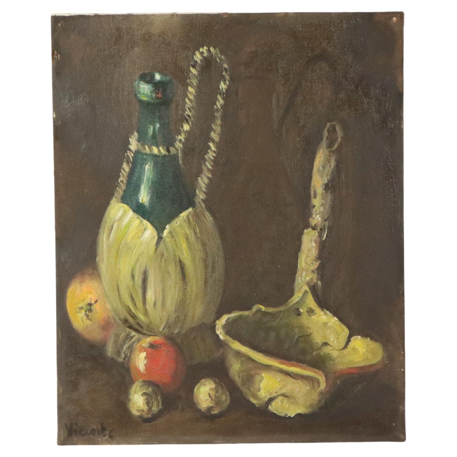 Still Life with Wine and Fruit Painting Oil on Canvas Signed