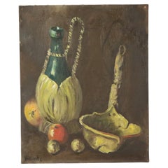 Still Life with Wine and Fruit Painting Oil on Canvas Signed