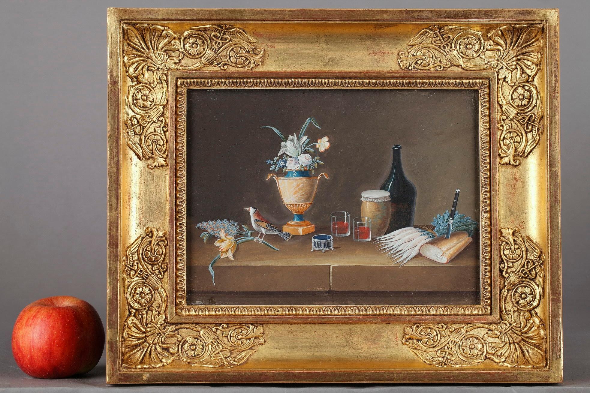 Five still lifes depicting various kitchenware and decorative objects on a stone entablature in Dutch masters style. They are composed of flowery vases, bottles, glasses, vegetables, coffee service, birdcage, book, jug... A still life features a