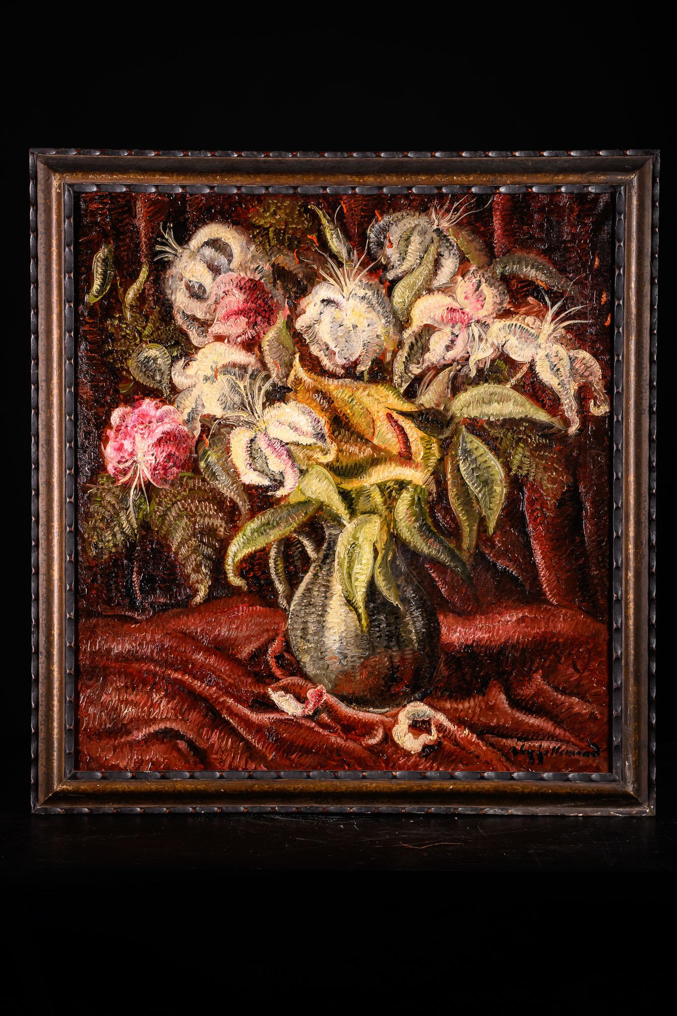 Dipinto a mano Natura morta con vaso e fiori, Alex Lallemand (Ixelles, 1892-1963), firmato. in vendita