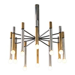 Stilnovo 12-Lights Chandelier in Brass and Aluminium, 1970 circa