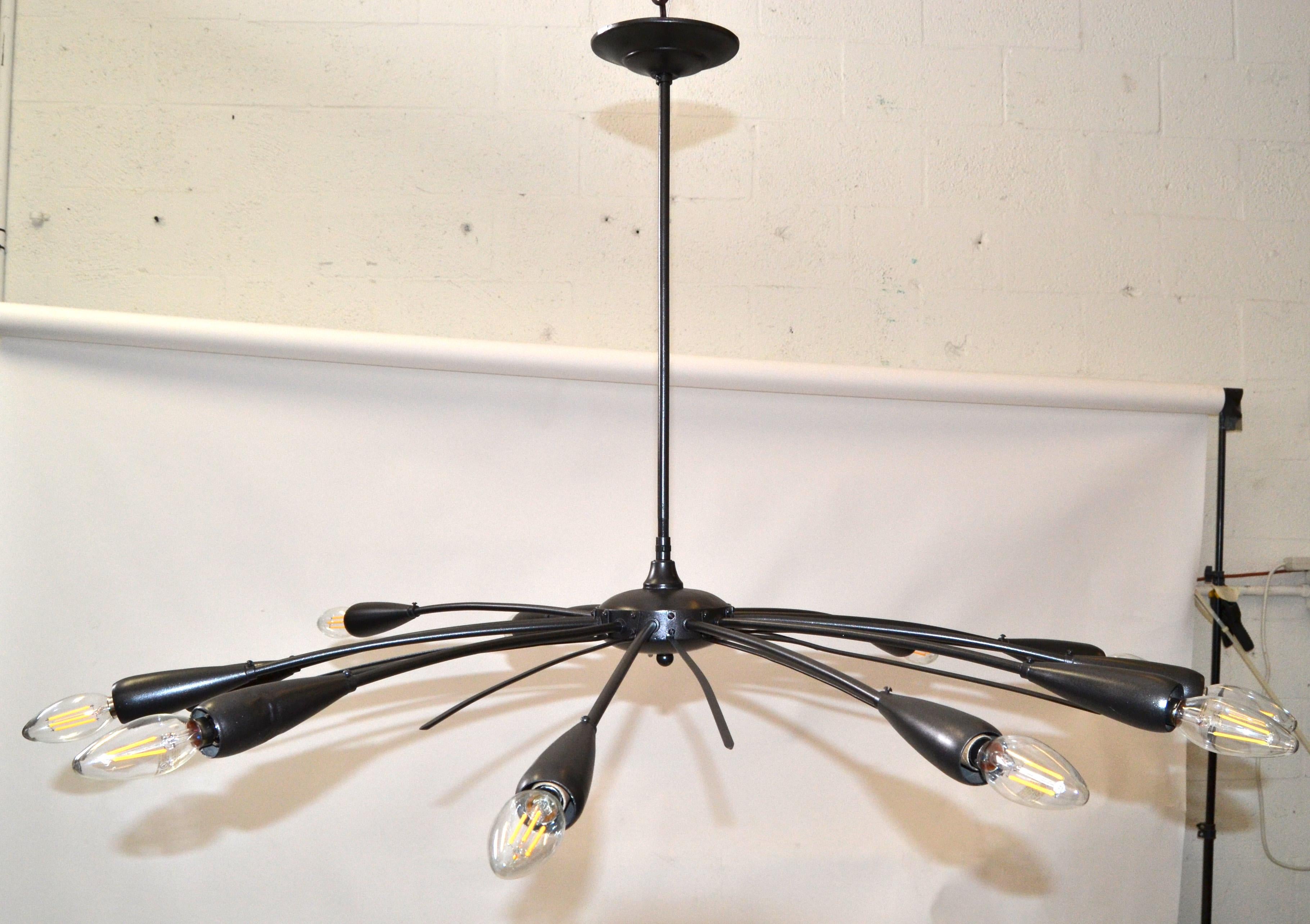 Mid-20th Century Stilnovo Style 12 Shade Italian Chandelier Bronze Finish Mid-Century Modern 1960 For Sale