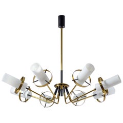 Modernist Chandelier, Stilnovo (Attr.), circa 1958, Brass and Satin Glass