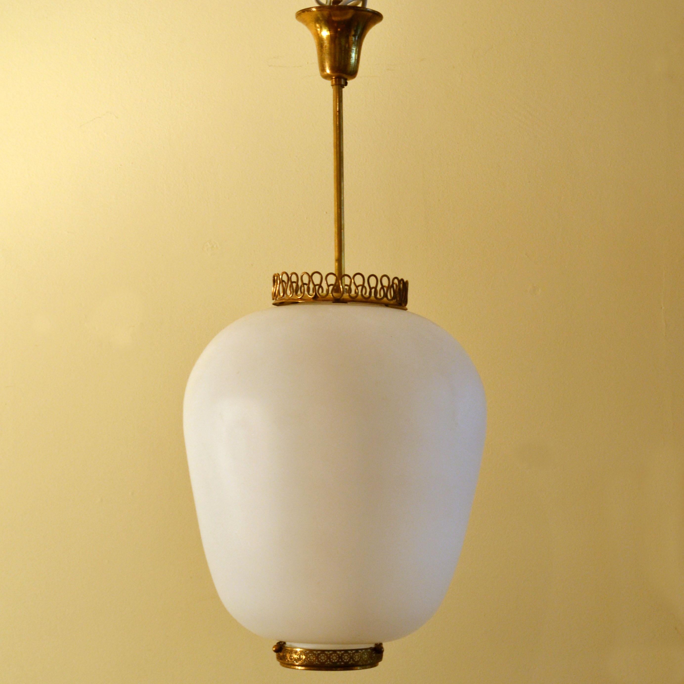 Stilnovo 1950s Italian Pendant Lamp with Opaline Glass, Diffuser & Brass 3
