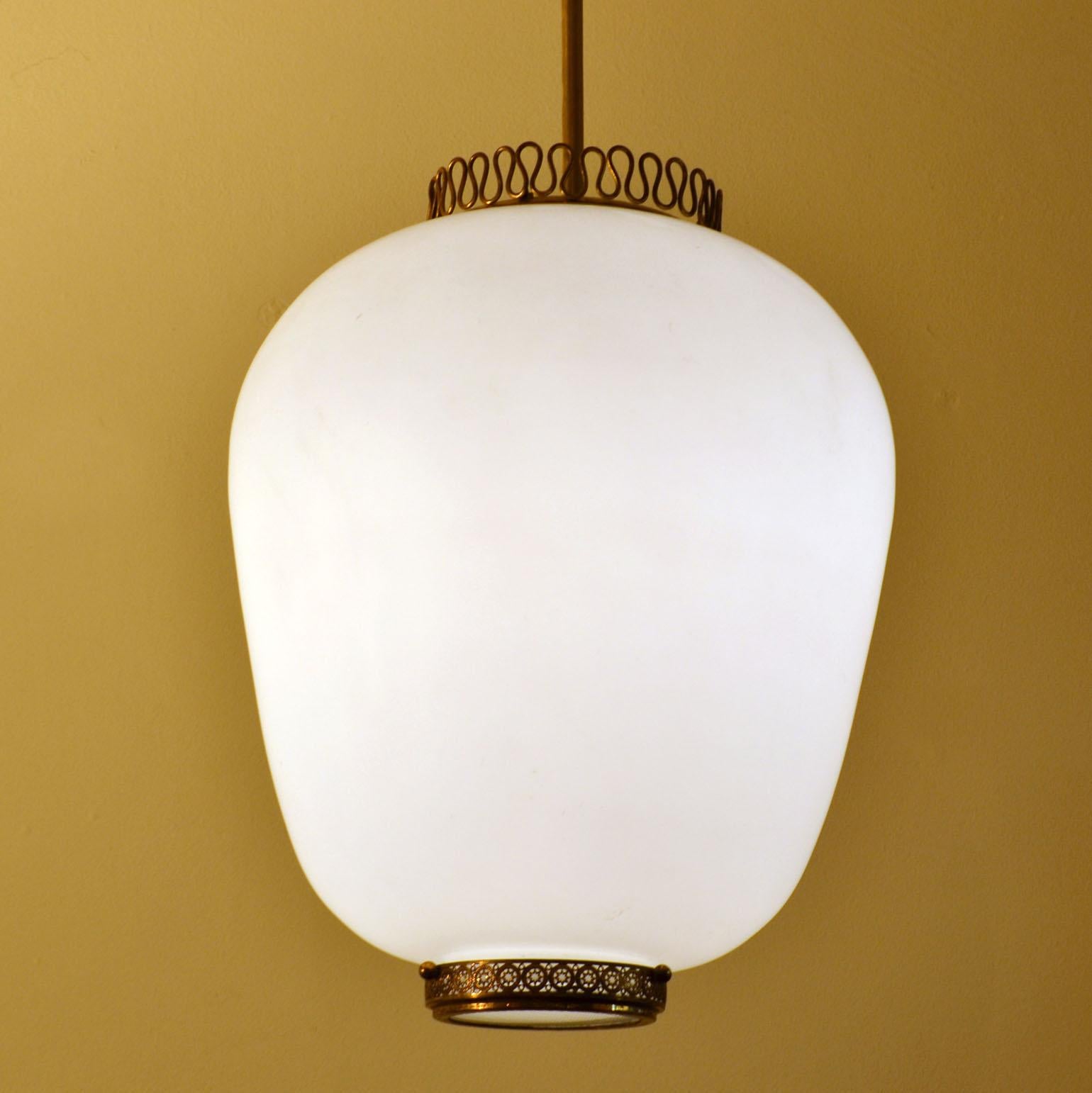 Mid-Century Modern Stilnovo 1950s Italian Pendant Lamp with Opaline Glass, Diffuser & Brass