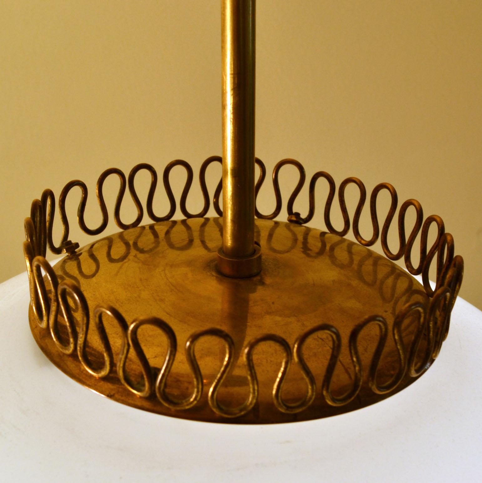 Stilnovo 1950s Italian Pendant Lamp with Opaline Glass, Diffuser & Brass 1