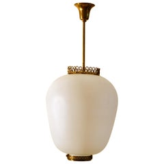 Stilnovo 1950s Italian Pendant Lamp with Opaline Glass, Diffuser & Brass