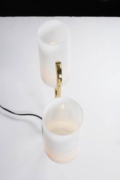 1950s Italian Table Lamp in Brass and Case Glass Satin Shades Stilnovo Attr.