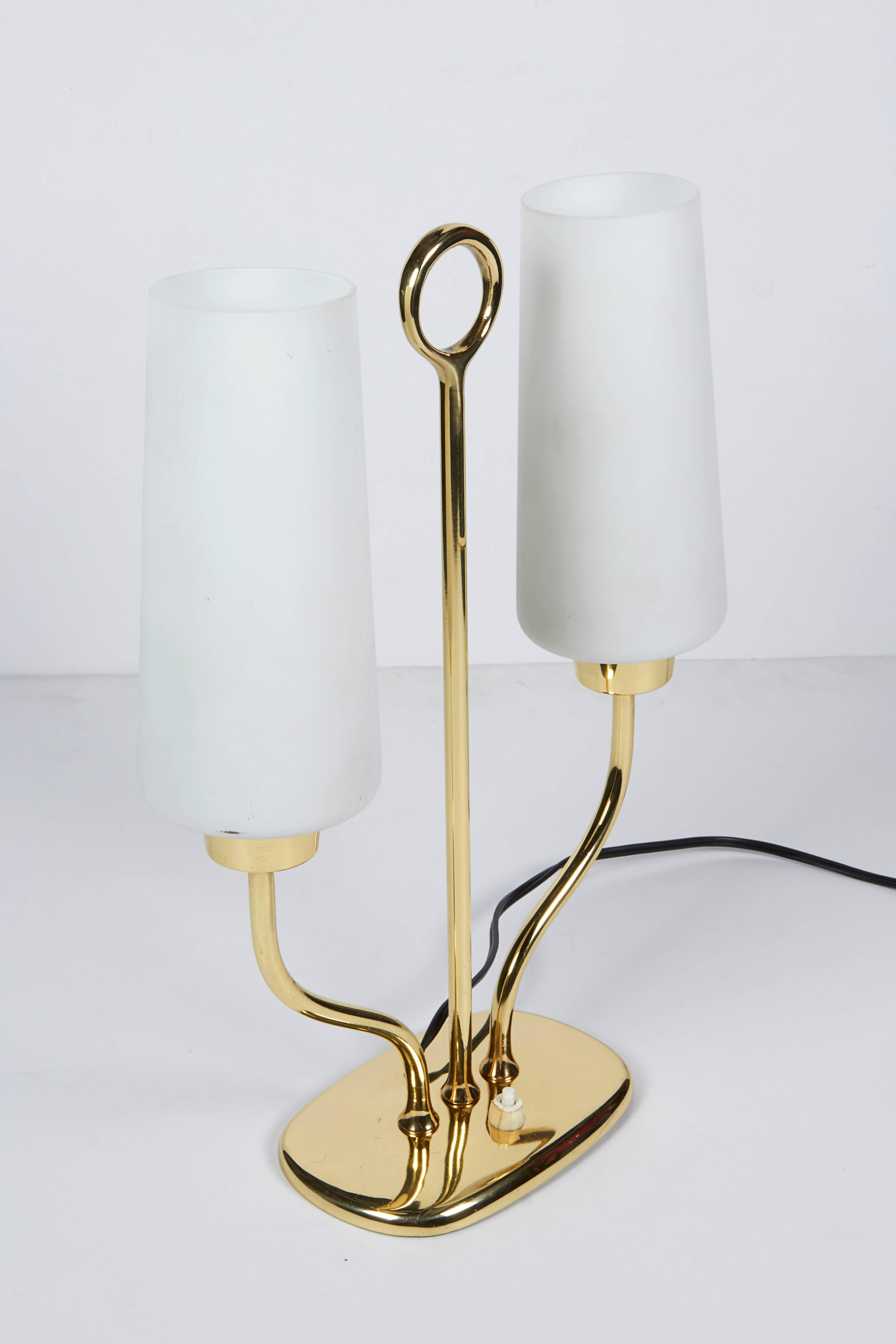 1950s Italian Table Lamp in Brass and Case Glass Satin Shades Stilnovo Attr. 1