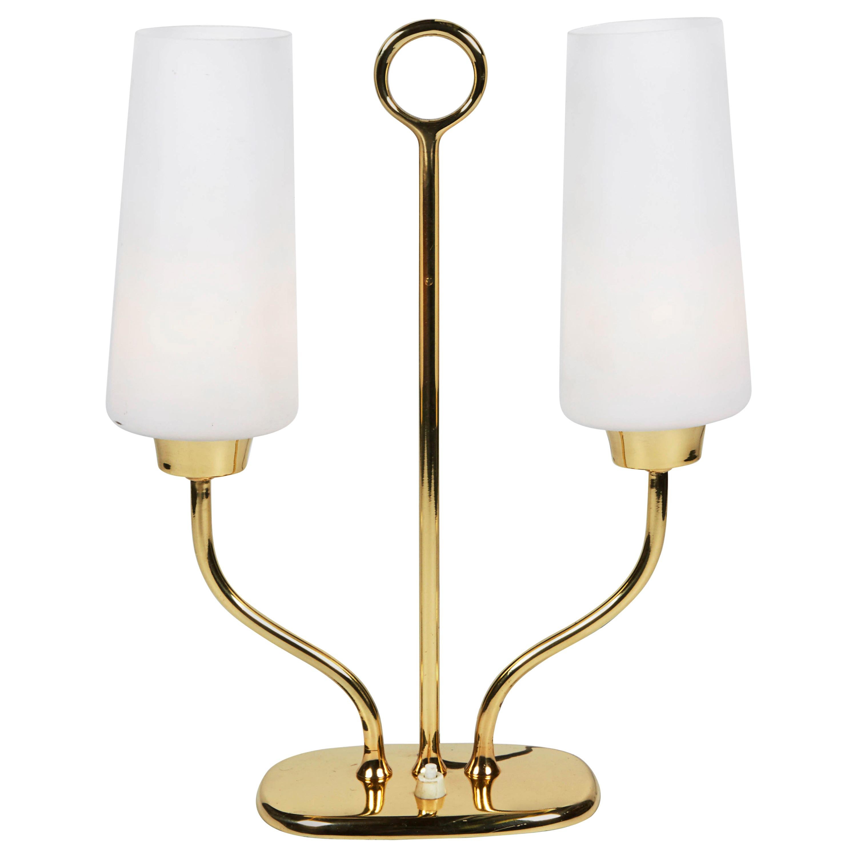 1950s Italian Table Lamp in Brass and Case Glass Satin Shades Stilnovo Attr.