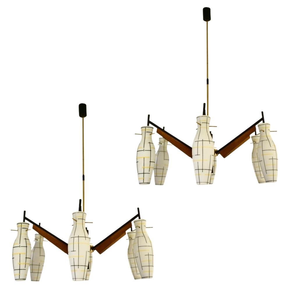 Stilnovo 1958 Italian Black White Glass Pair of 6-Light Teak Brass Chandeliers