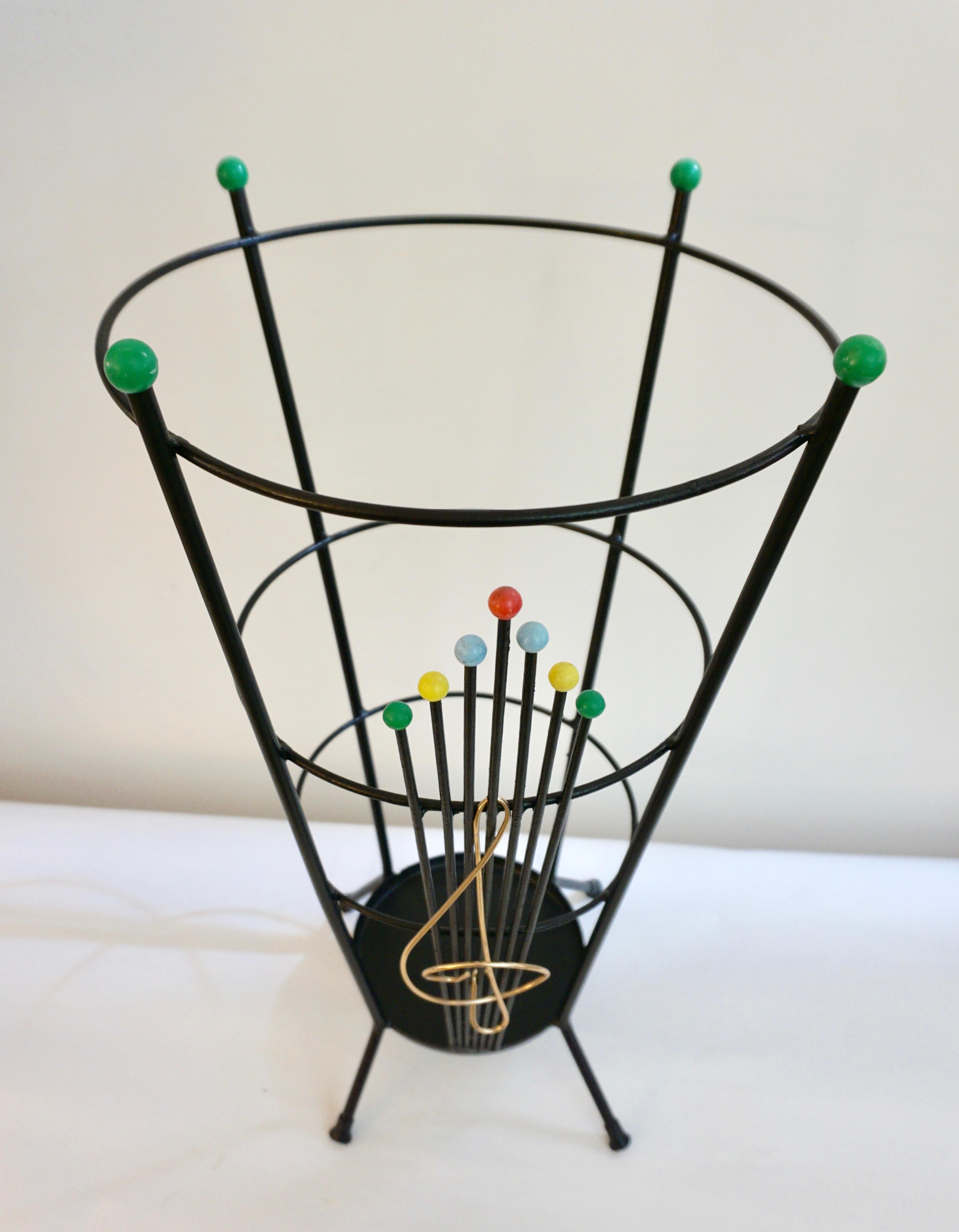 Hand-Crafted Stilnovo 1970s Vintage Black Lacquer Italian Umbrella Stand with Clef Motif