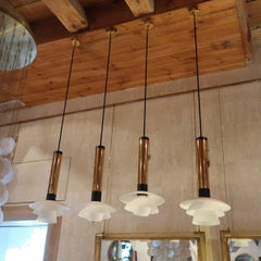 Stilnovo, 4 Brass and Opaline Midcentury Signed Italian Pendants, Italy, 1950