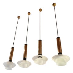 Stilnovo, 4 Brass and Opaline Midcentury Signed Italian Pendants, Italy, 1950