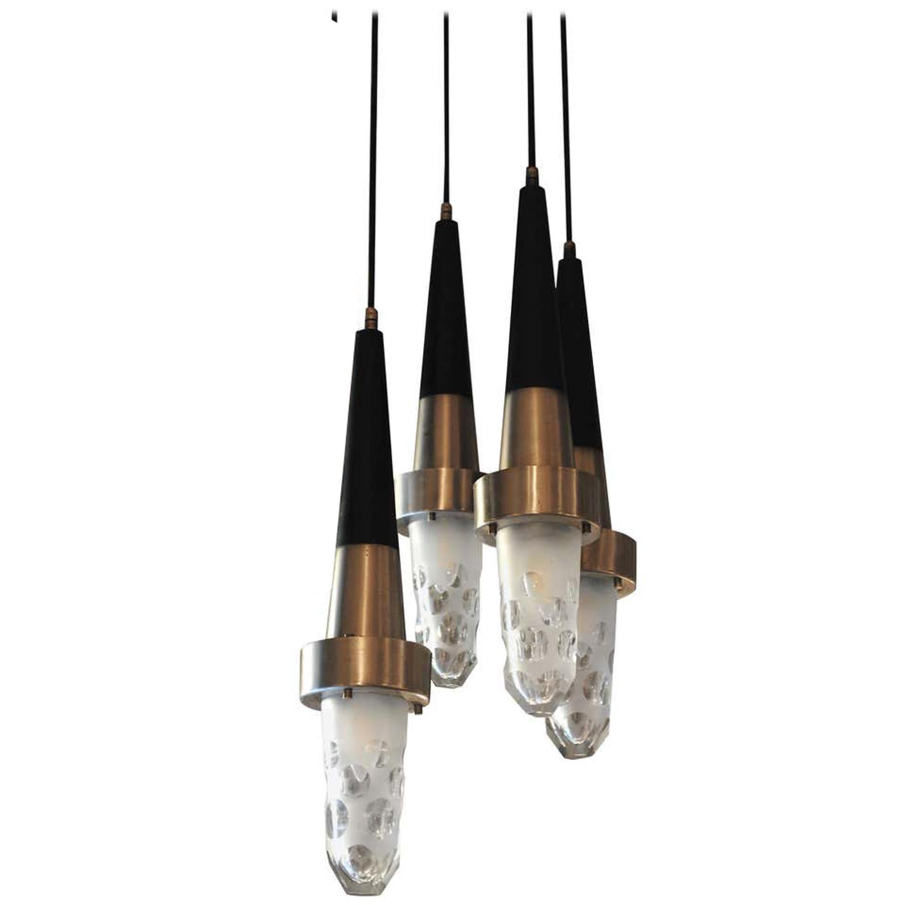 Suspension composed of 4 elements pendant in steel and frosted glass production Stilnovo Style 50's. The elements can have different heights.