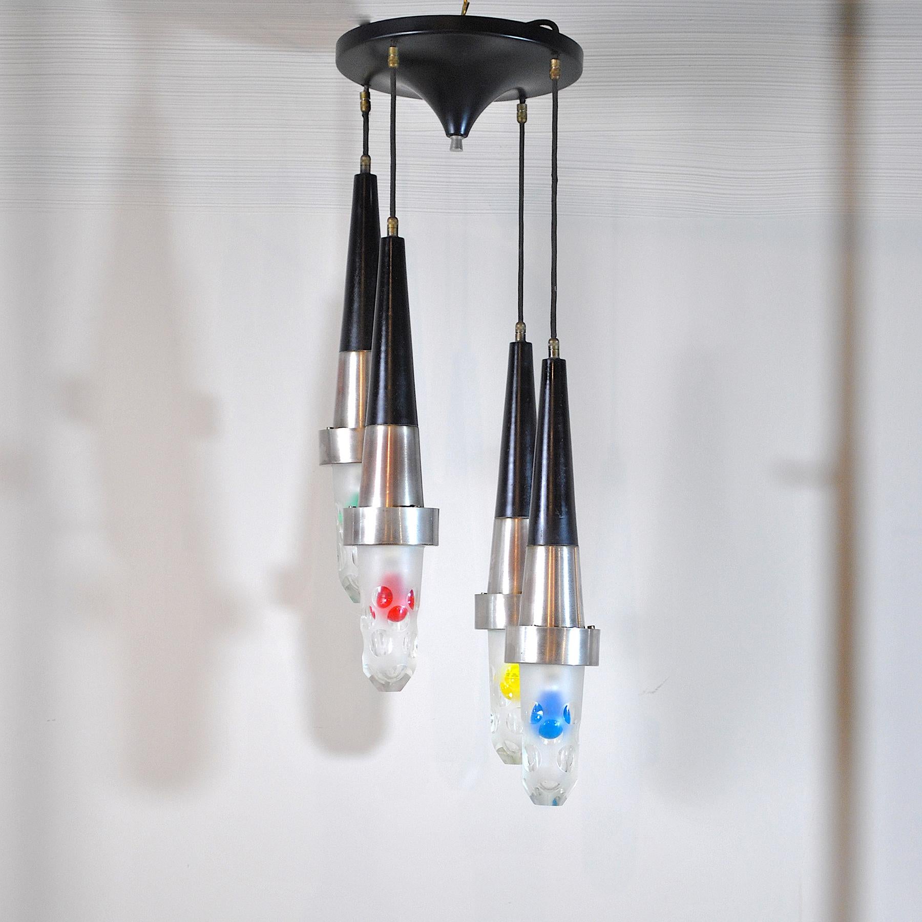 Mid-Century Modern Stilnovo Style fifties Suspension Chandelier in Steel and Glass For Sale