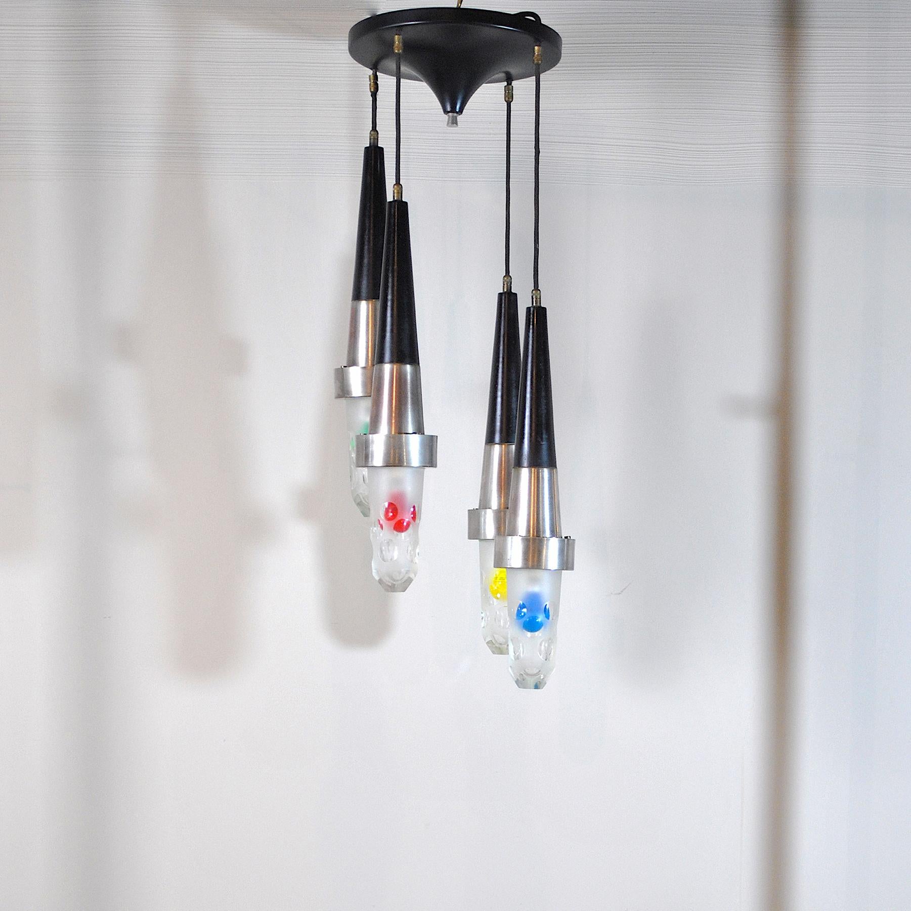 European Stilnovo Style fifties Suspension Chandelier in Steel and Glass For Sale