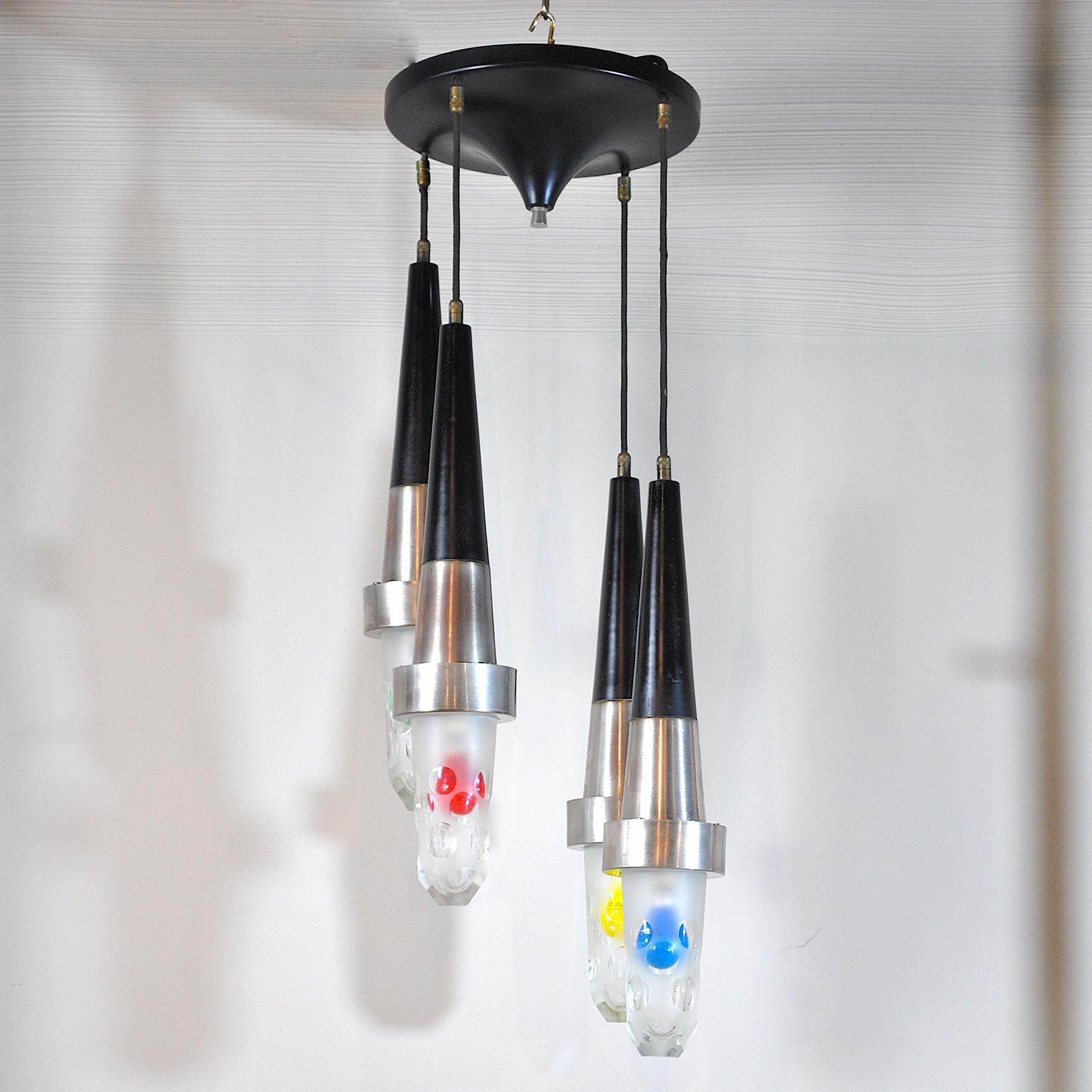 Stilnovo Style fifties Suspension Chandelier in Steel and Glass In Good Condition For Sale In bari, IT