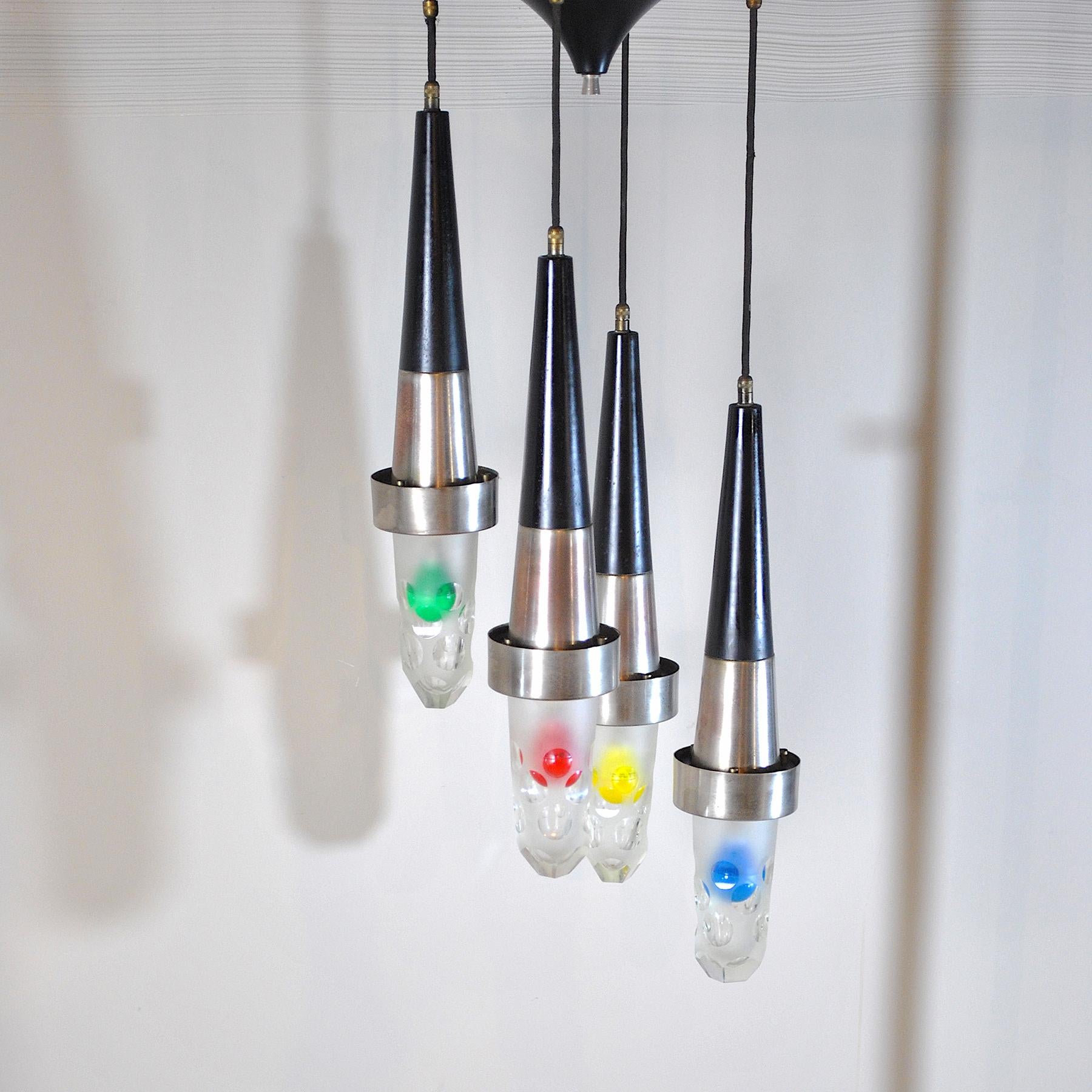 Mid-20th Century Stilnovo Style fifties Suspension Chandelier in Steel and Glass For Sale