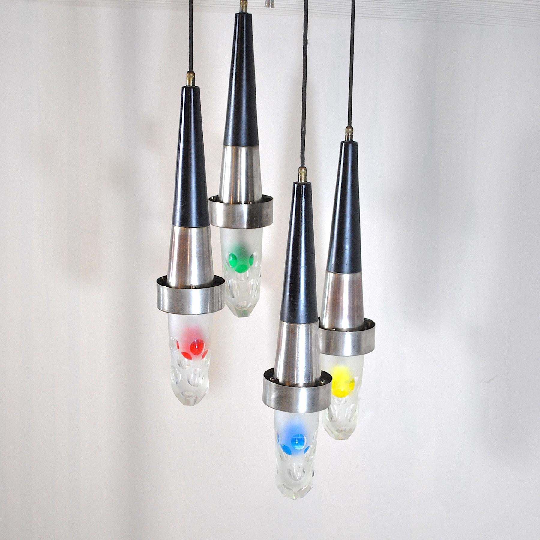 Aluminum Stilnovo Style fifties Suspension Chandelier in Steel and Glass For Sale