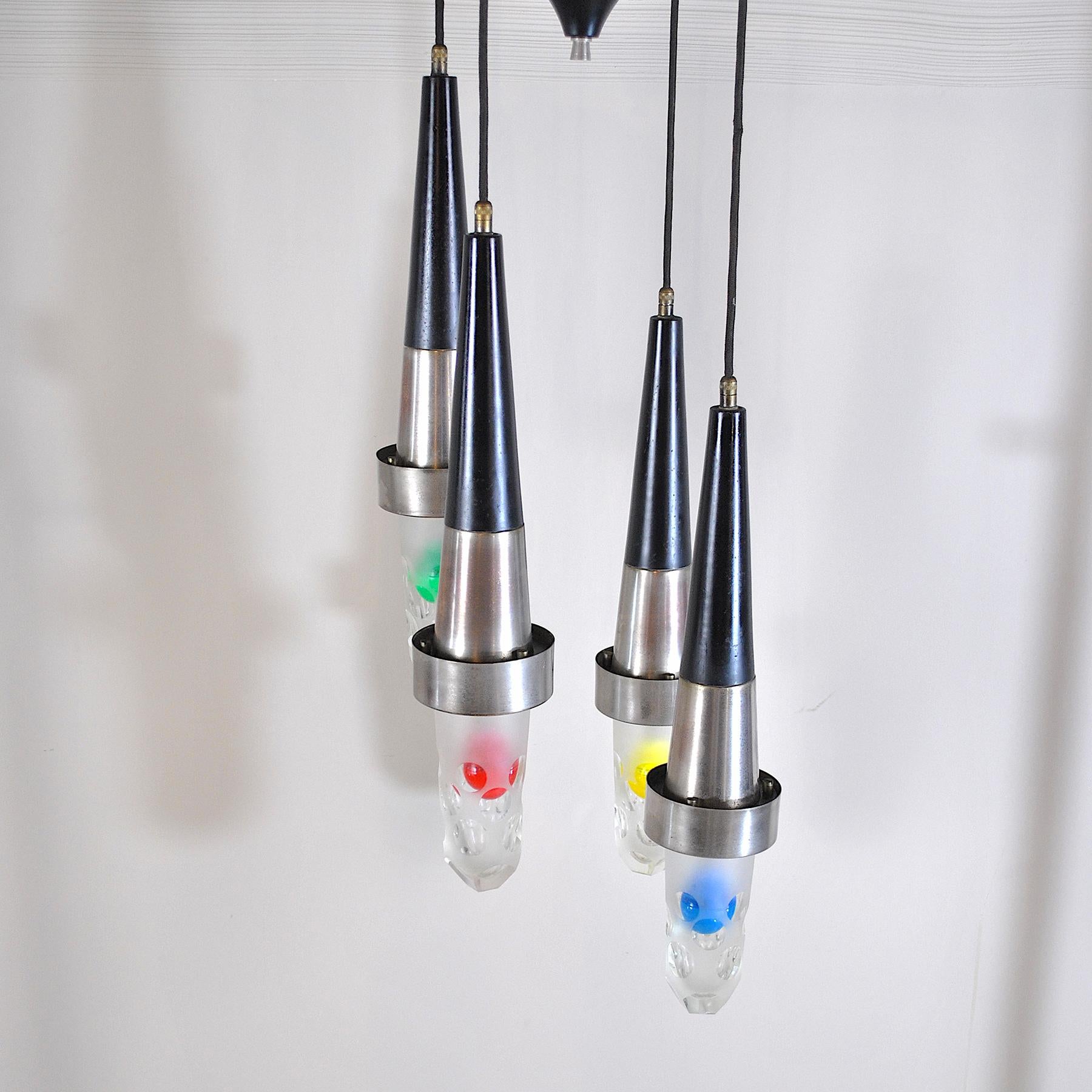 Stilnovo Style fifties Suspension Chandelier in Steel and Glass For Sale 2