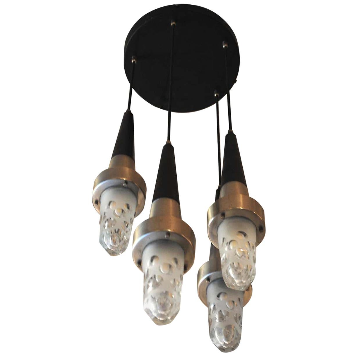 Stilnovo Style fifties Suspension Chandelier in Steel and Glass For Sale