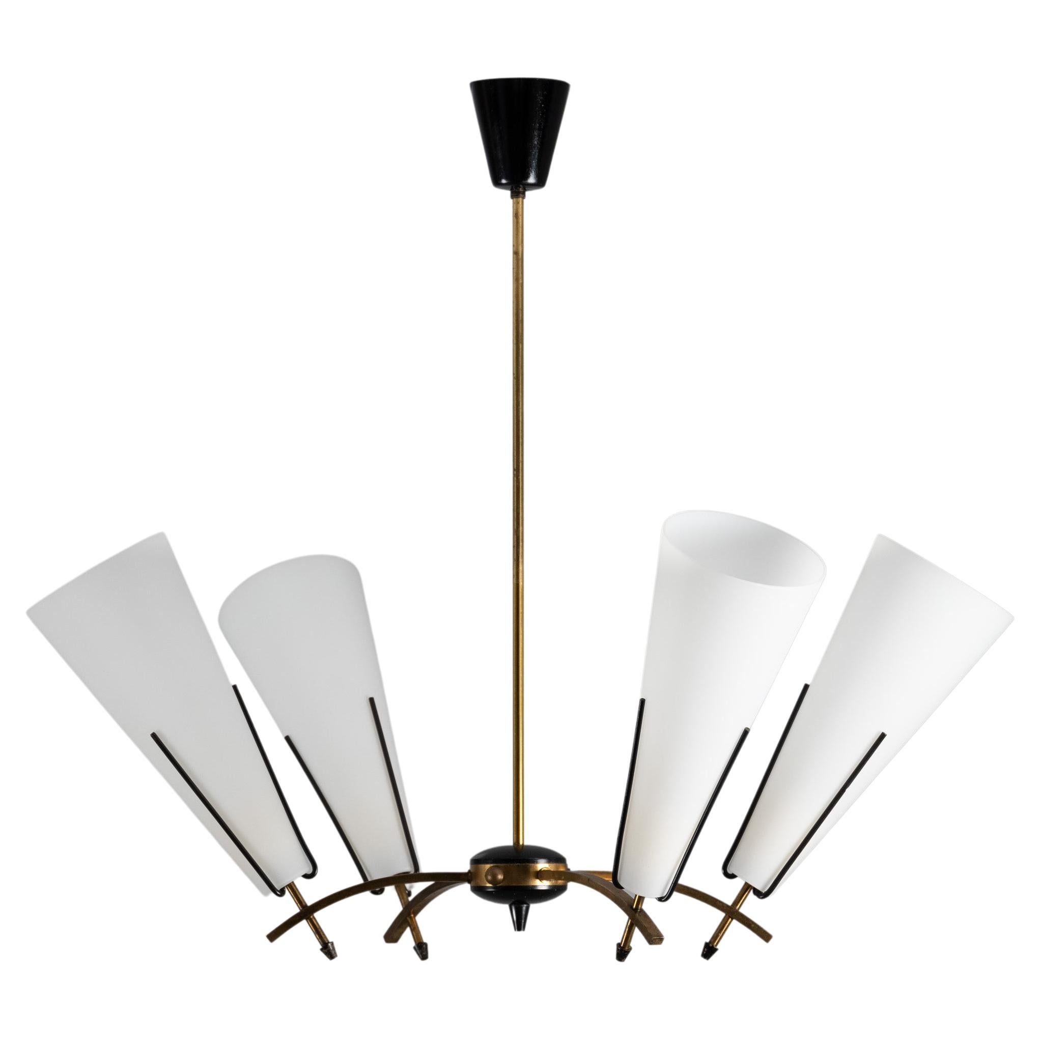 Stilnovo 1950s Chandelier in Brass and 4 Conical Opals, Vintage Italian Design For Sale