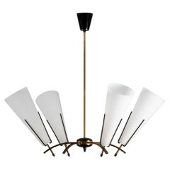 STILNOVO 50s chandelier in brass and 4 conical Opals  , vintage Italian design 