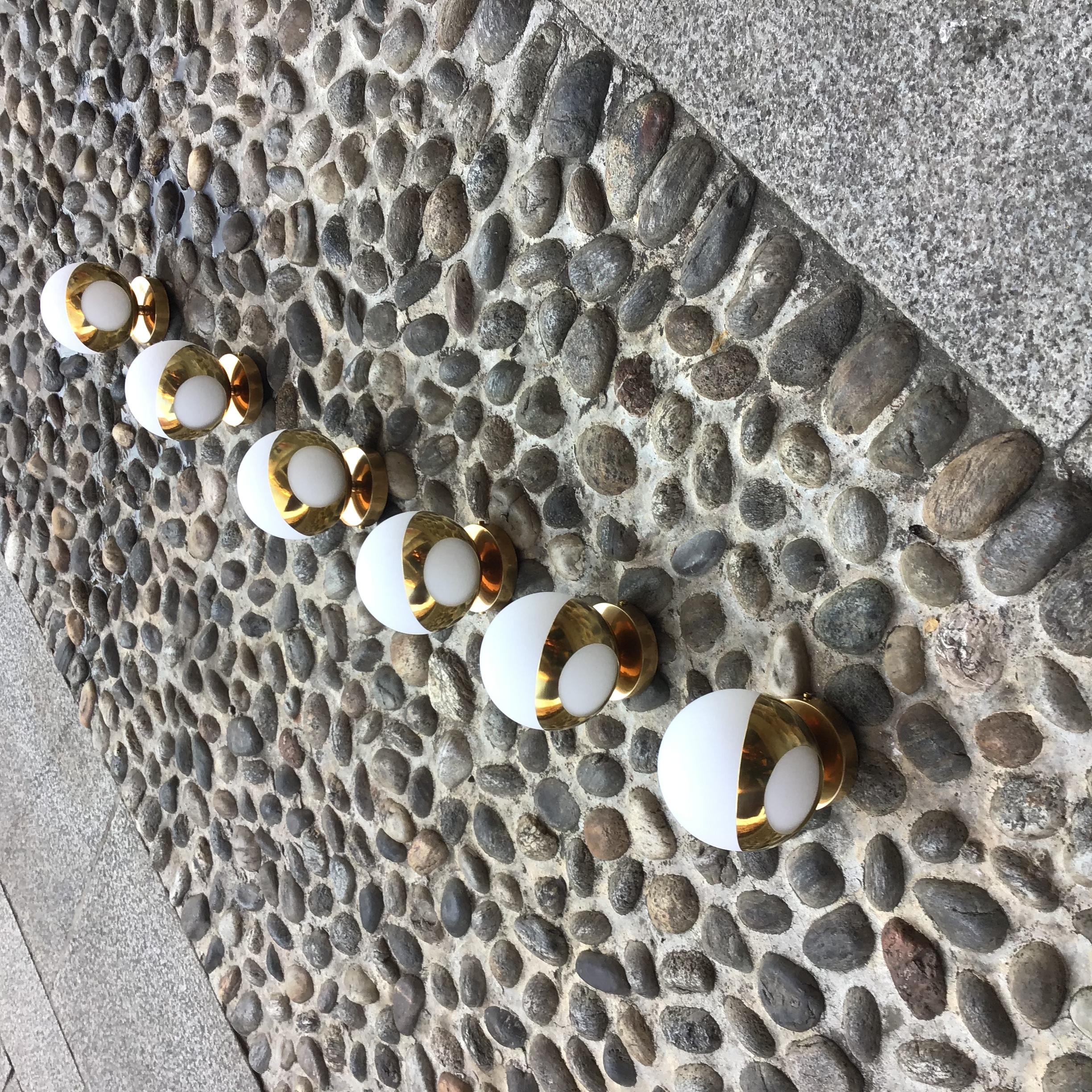 Other Stilnovo -  6 Appliques Brass Iron Opaline Glass  50s of the 20th century For Sale